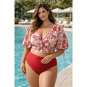 Plus Size 3X Floral Puff Sleeve Bikini Top | Romantic Cottagecore Swim